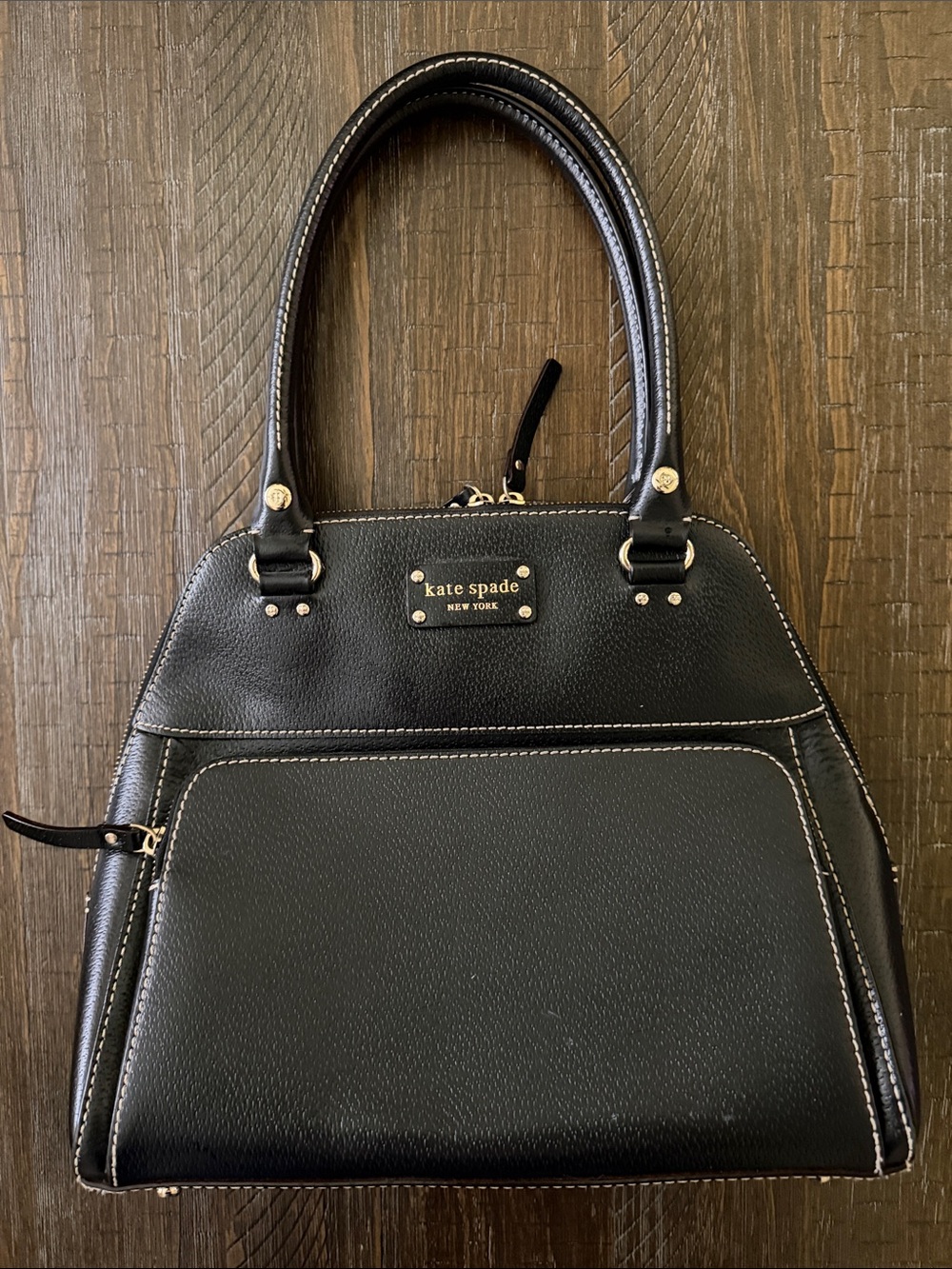 kate spade black leather satchel with white contrast stitching